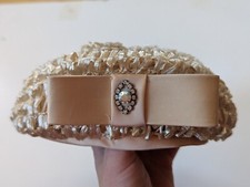 Vintage 1950s 60s Hat Cap Pillbox Straw Raffia Cream Ivory Satin Style Bow Gem