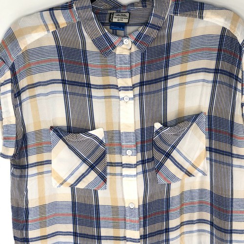 Camisa para mujer KAVU sin mangas con botones azul bronceado blanco a cuadros playa vibraciones pequeña - Imagen 4 de 8