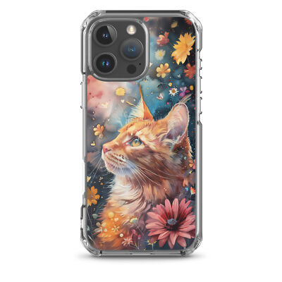 iPhone Case Watercolor Orange Tabby Cat with Colorful Flowers
