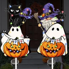 Halloween Solar Garden Stake LED Lights Gnome & Black Cat With Ghosts 41" NEW
