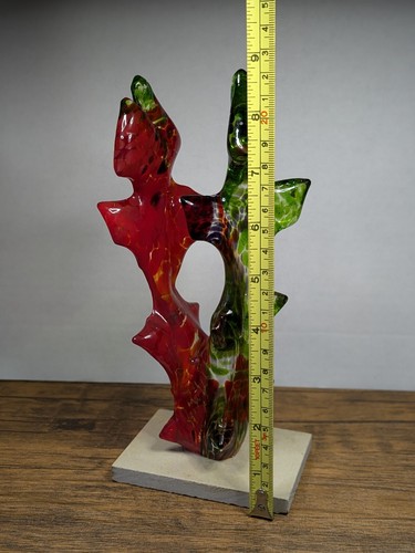 8¾" Glass Art Deco Sculpture w/ Base, Hand Crafted Abstract, Green Red Purple - Picture 16 of 19