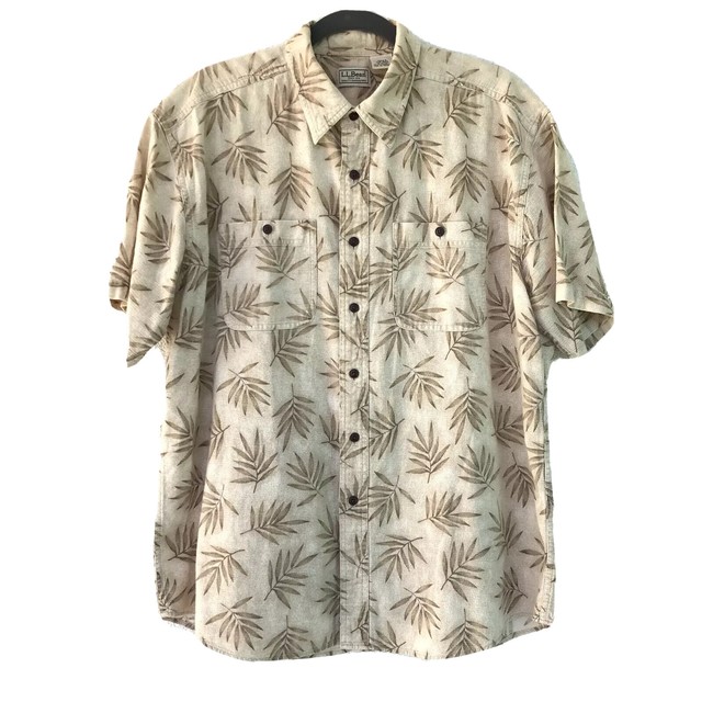 LL Bean Hawaiian Button Down Shirt 2 Pockets Brown Tan Mens Size M Reg #0 Pl96 for sale online 