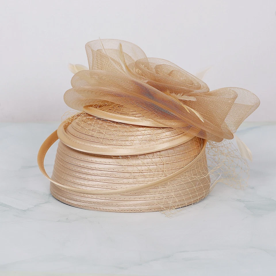 Champagne Fascinator Hat Women Satin Cloth Formal Church Hats Women With Veil - Image 2 of 4