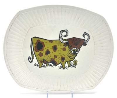 1970 Beefeater  English Ironstone GROOVY Psychedelic Bull Platter, Vintage BBQ D
