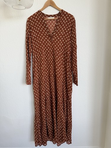 MAISON HOTEL Terracotta Block Print cotton Tiered maxi dress Size XS $249 V Neck - Bild 10 von 11