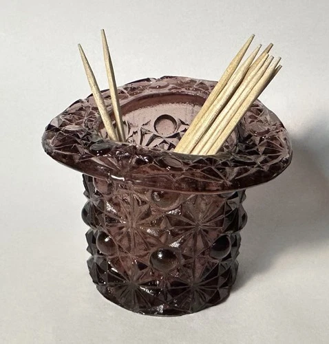 FENTON GLASS MINIATURE AMETHYST DAISY AND BUTTON TOPHAT TOOTHPICK HOLDER