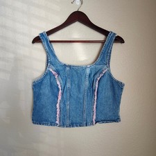 Vintage 90s Lee Denim Corset Bustier Crop Top Pink Frayed Trim Festival Large
