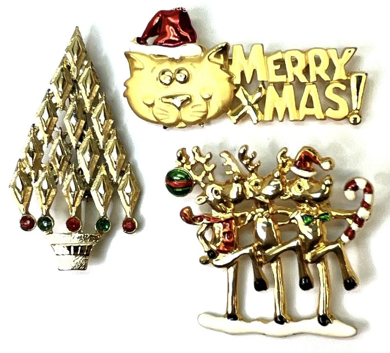 Gold Tone Variety Christmas Brooches w/ Rhinestones 51.1g