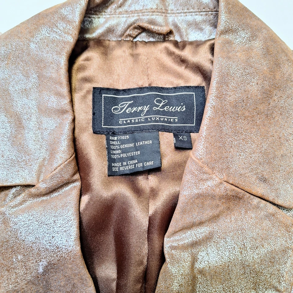 NOVO Vintage Terry Lewis Feminino XS Blazer de Couro Jaqueta de Motociclista Ouro/Bronze - Imagem 2 de 4