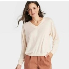 A New Day Cream V Neck Fine Gauze Long Sleeve Sweater XXL Recycled Polyester A New Day Cream V Neck Fine Gauze Long Sleeve Sweater XXL Recycled Polyester - Image 1