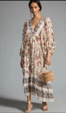 Anthropologie Floral Boho Maxi Dress Size M | Tiered Long Sleeve Peasant Dress