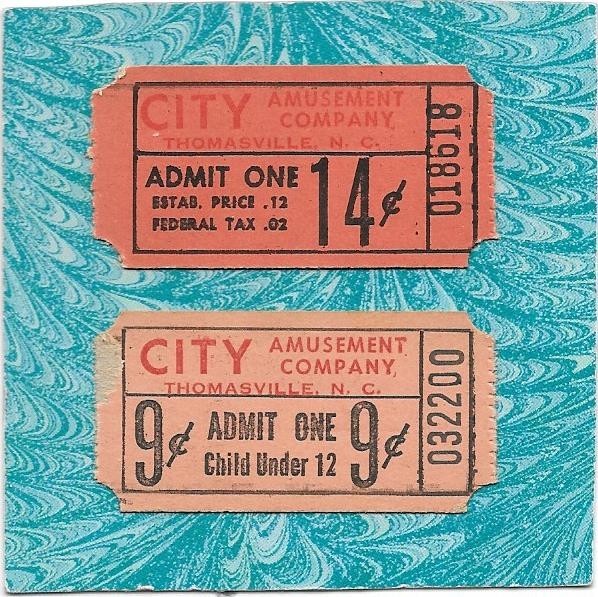 2 OLD, EXPIRED THOMASVILLE, NC CITY MOVIE TICKETS - CHILD & ADULT WITH TAX 1940s