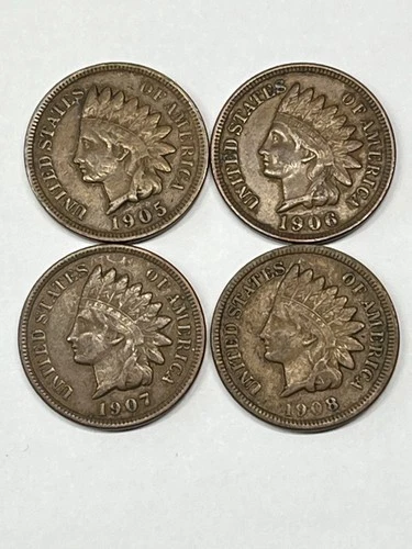 1905 1906 1907 1908 Indian Head Cent Pennies FULL LIBERTY VF Nice 4 Coin Lot!!