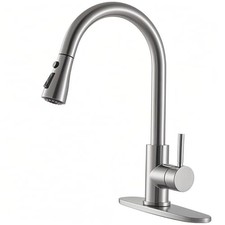1 or 3 Hole Brushed Nickel Kitchen Faucet, Pull Down Sprayer, High Arc