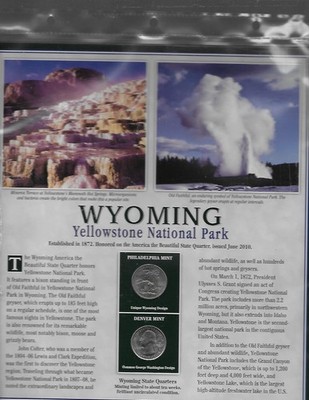 2010 Wyoming Yellowstone National Park Quarter P&D w/2 Stamps on Display Card