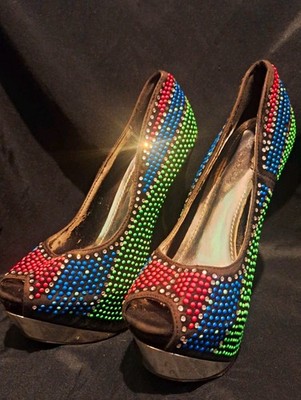 Mascotte Multicolor Sparkle Rhinestone Platform Peep Toe Heels Women's Pumps