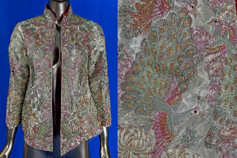 Antique Chinese Couching Goldwork Embroidery Peacock Wedding Robe Jacket VTG