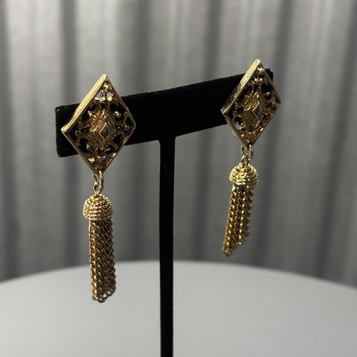 Orecchini Vintage Monet Clip-On Pendenti Nappa Tono Oro Filigrana Diamante Firmati - Foto 8 di 12