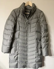 Eddie Bauer Quilted Puffer Long Jacket Coat Gray/Taupe 800 Fill DOWN Petite M