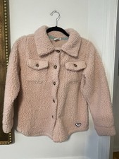 ROXY Girl Teddy Fleece Sherpa Shacket Jacket Pink Button Front Pockets Size M