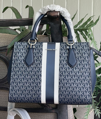 MICHAEL KORS MARILYN MEDIUM SATCHEL SHOULDER BAG PURSE MK NAVY BLUE LOGO STRIPES