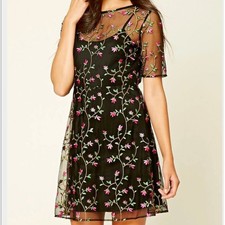 Forever 21 Contemporary Black Floral Embroidered Sheer Mesh Dress XL WhimsyGoth
