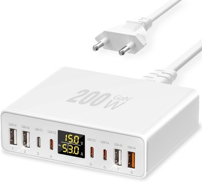 USB C Ladegerät Mehrfach 8-Port mit LED Anzeige, YSYFAD 200W GAN USB Ladestation