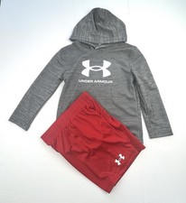 Under Armour 2 Piece Set Long Sleeve Hooded Gray Shirt Shorts Youth Size 4