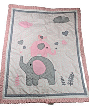 Optima Baby Quilt Poly cotton 35 X 43 Elephants Hearts Birds Blanket Pink gray