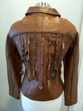 Women's Together Brown Leather Jacket Fringe Tassels Beads Charms Size 6