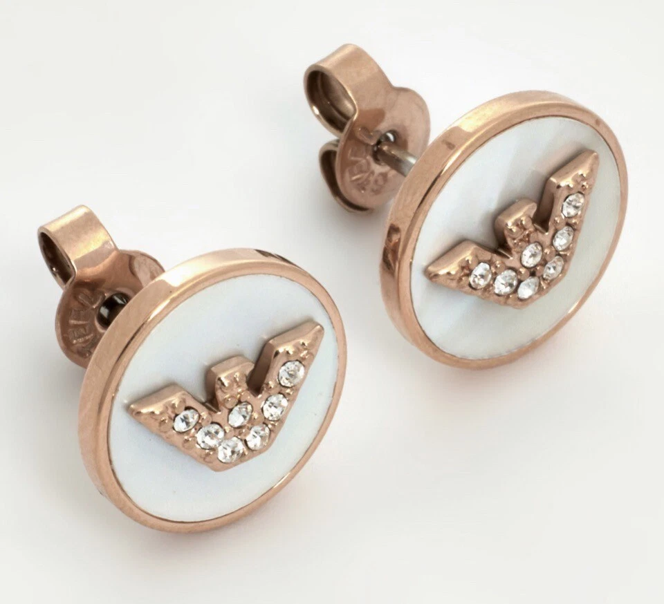 Armani Earrings Rose Gold White Emerald Embellished w/ Logo Rhinestone. RRP £89 — 第 2/4 张图片