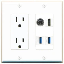 3-5MM HD 2 USB-3 Port Wall Plate w/Power Outlet White