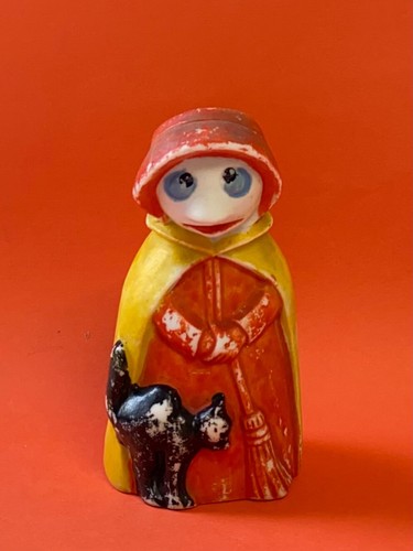Vintage Halloween Hand Painted Bisque Witch w Black Cat Broom Germany 1930s RARE
