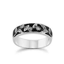 Floral Round Marcasite Black Enamel Thisstle Band Ring in 925 Sterling Silver