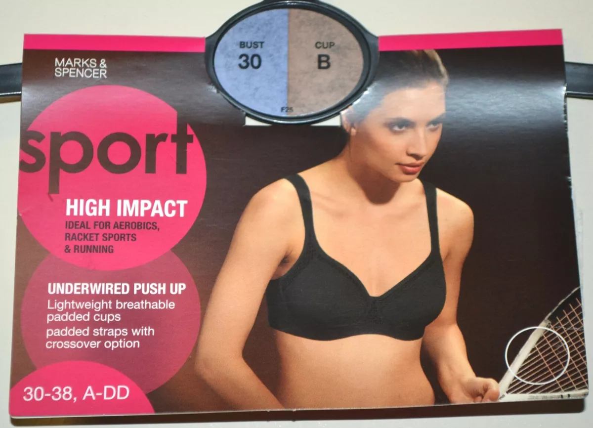 LADIES M&S HIGH IMPACT UNDERWIRED PUSH UP SPORTS BRA SIZE 30B BLACK - NEW