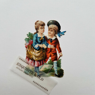 um 1900 Mädchen Kleid Junge Kinder Hut Glanzbild Oblate Ephemera Geschenk Deko