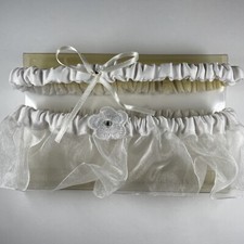 Wedding White Bridal Garter Set Satin Flower Organza Rhinestone Vintage 2003 New