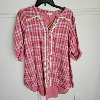NWT Kori Tunic Dress Womens Small Red Plaid Lace Roll Tab Sleeve Button