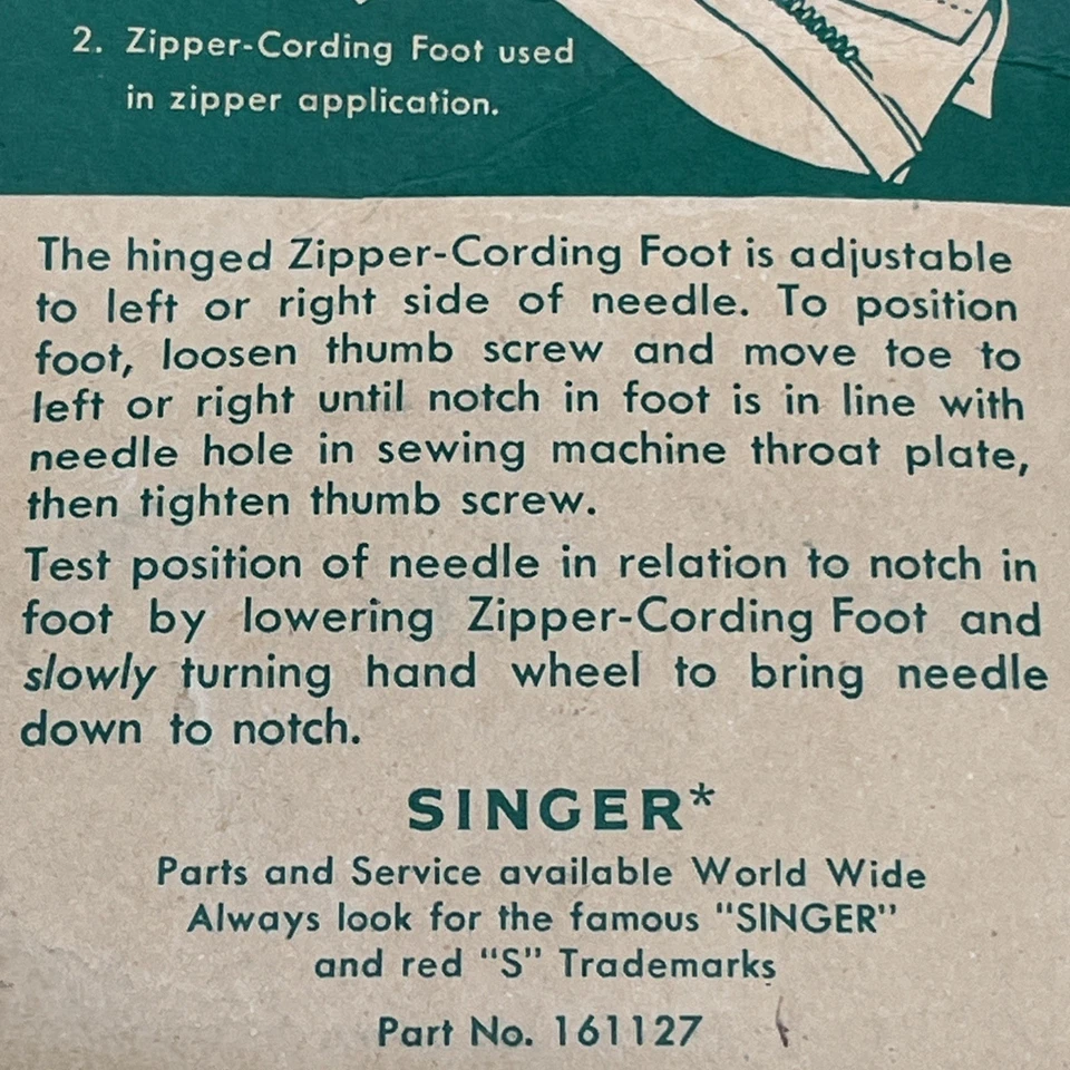 Singer Hinged Zipper Cording Foot Vintage New For Low Shank Side Clamp Machines - Image 4 of 4