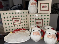 Vintage Avon Jolly Santa8 Pieces W/ Serving Plate, 4 Mugs, Candy Jar W/ Lid