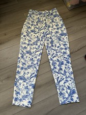 Mango Women's Blue White Floral Toile Print Trousers Pants MNG UK 8 EUR 36 US 4