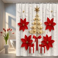 Christmas Shower Curtain with Red Poinsettias and Gold Tree