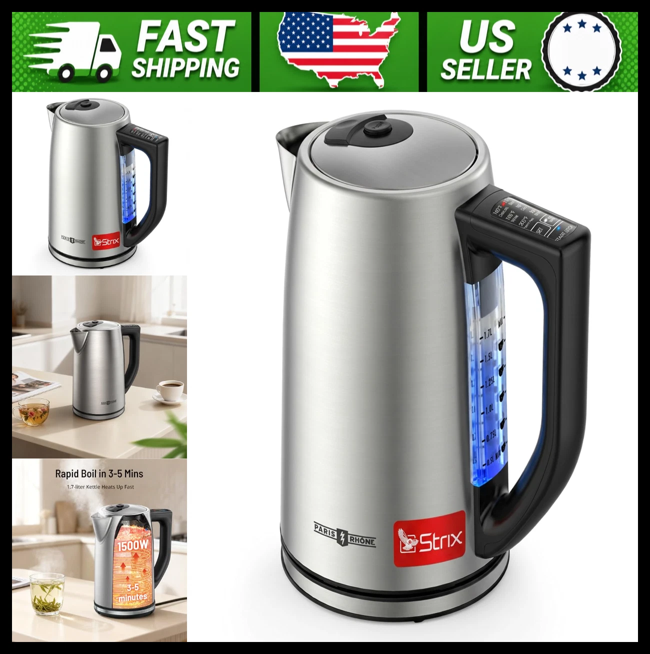 Paris Rhône Electric Tea Kettle 1.7L Stainless Steel Temperature Control