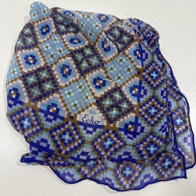 Vintage ECHO 100% Pure Silk Pleated Scarf Blue Aqua Geometric Square mosaic
