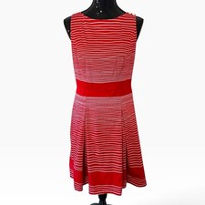 Talbots Fit Flare Dress Womens 10P Red Nautical Rope Stripe Anchor Button EUC