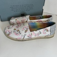 Toms Girls Pink White Shimmer Unicorn Print Slip On Shoes Size Youth 4 Flaw Read