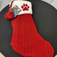 The Humane Society Red White Paw Print Cable Knit Christmas Stocking 18" NWT