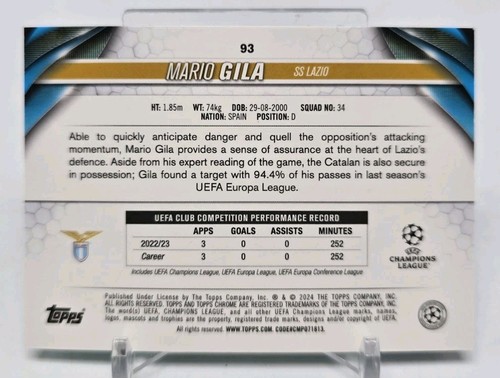 2023-24 Topps Chrome UEFA Club MARIO GILA Aqua Wave Refractor /199 Lazio #93 - Afbeelding 4 van 5