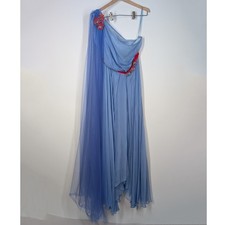 Talbot Runhof Grecian Blue One Shoulder Draped Gown Floral Embellishments Sz 12