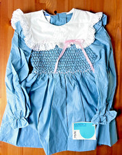 Vintage Girls Polly Flinders Blue Hand Smocked Dress 4T